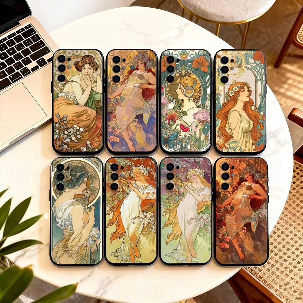 Alfons Mucha P-Primavera Phone Case Black Silicone Soft For Samsung S25,S24,S21,S22,S23,S30,Ultra,S20,Plus,Fe,Lite