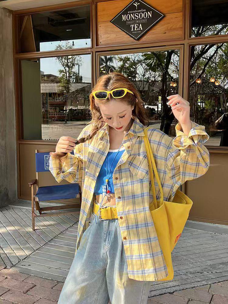 Женская американская ретро желтая клетчатая рубашка с длинным рукавом и защитой от солнца - осенняя тонкая блузка свободного кроя