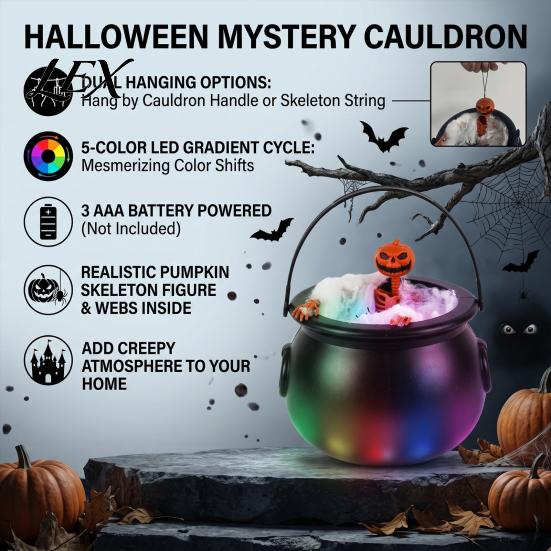 Window Display Ornaments Halloween Cauldron Light, Color Changing Glowing Pumpkin Skull Hanging Battery Operated Haunted House Decor Decor,