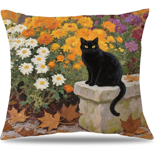 Floral Black Cat Pillow Cover 18x18, Cat Lovers Gifts for Women, Garden Cats Decorative Pillowcase for Home Bedroom Living Room