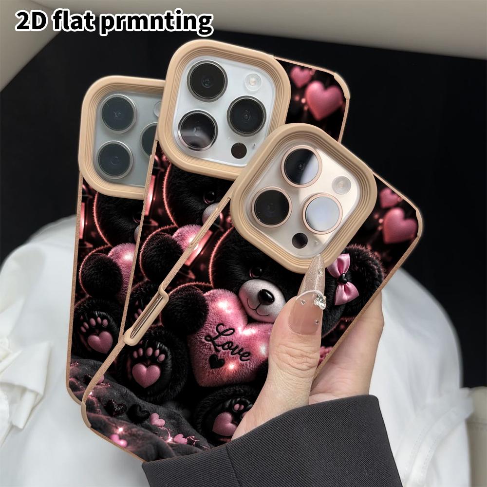 Phone Case: 2D flat lambskin suitable for iPhone 18 17 16 15 14 13 Pro protective case, heart-shaped bear, Christmas and Halloween gifts