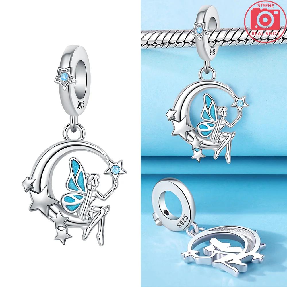 Authentic copper Charm Moon Yellow Stars Blue Zircon Feathers Bead Charms Compatible With Bracelets Women Diy Accessory Valentines Fine Gift