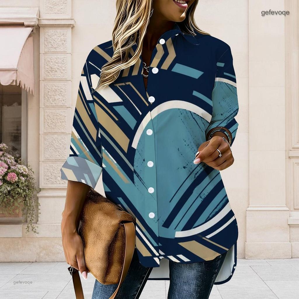 Women Plus Size Geometric Printed Blue Collared Long Sleeve Button Front High Low Curved Hem Shirt