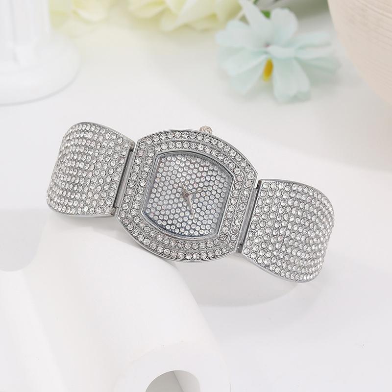 5PCS Fashion Luxury Women's Diamond Silver Quartz Watch Girls' Square Pendant Necklace Diamond Earrings Ring Jewelry Set for Girls