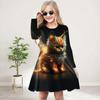 Girl Casual 3D Print Orange Cat Round Neck Long Sleeve Dress Kid Princess Dress