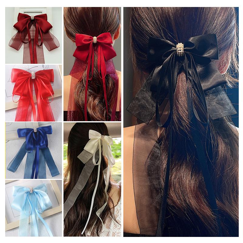 Sweet Large Bowknot Hair Clip For Women Girls Lolita Long Ribbon Solid Hairpin Cute Ponytail Hair Bands Fashion Hair Accessories