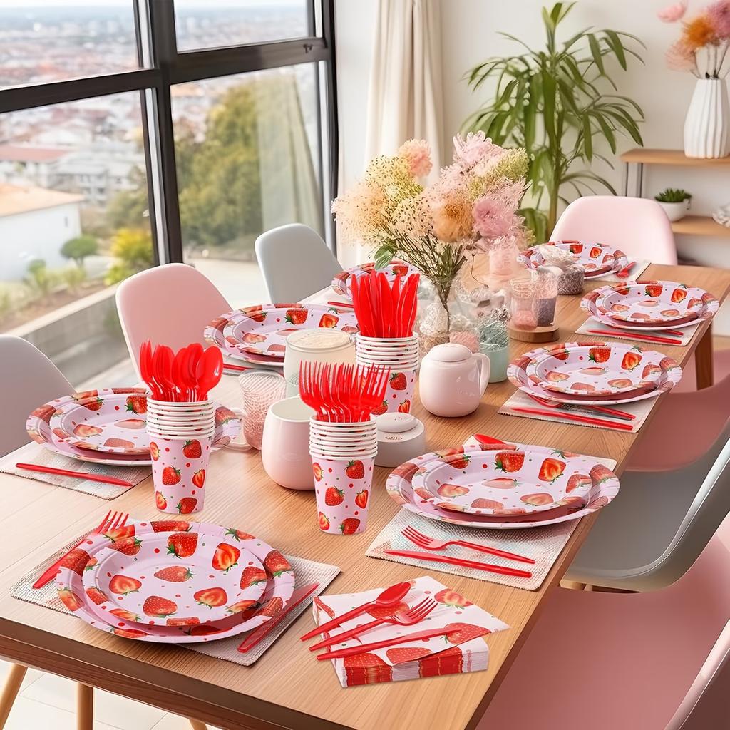 138pcs Strawberry Party Tableware Set Strawberry Theme Birthday Party Decorations Includes Strawberry Paper Plates (7 Inch/9Inch) And Napkins, Knife,