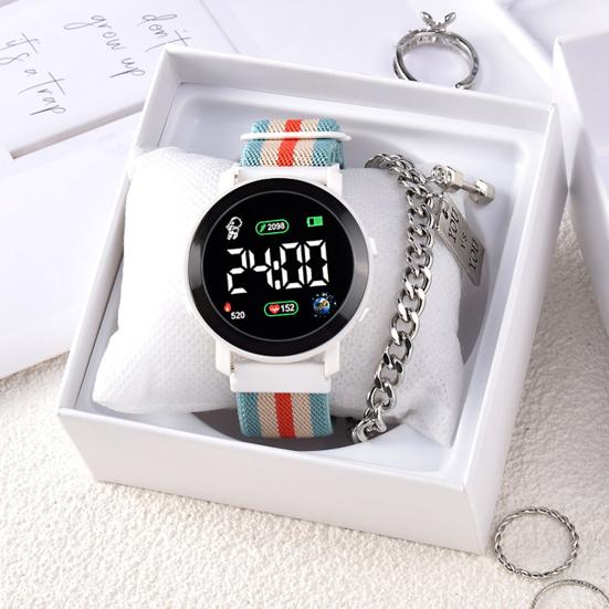 Светодиодные электронные часы Эластичный ремешок Многофункциональные Светящиеся Круглый циферблат Регулируемый Отображение времени/даты Плетеные Цифровые Наручные часы Часы Мода