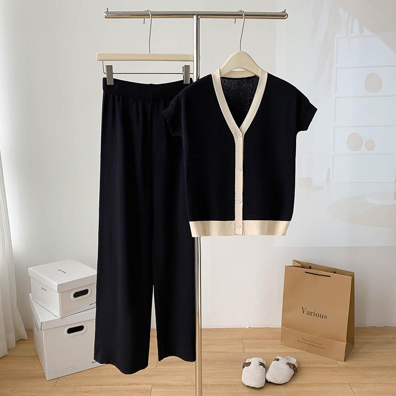 Модные трикотажные комплекты из 2 предметов для женщин, однобортный кардиган с V-образным вырезом, высокая талия, широкие длинные брюки, однотонные свитера