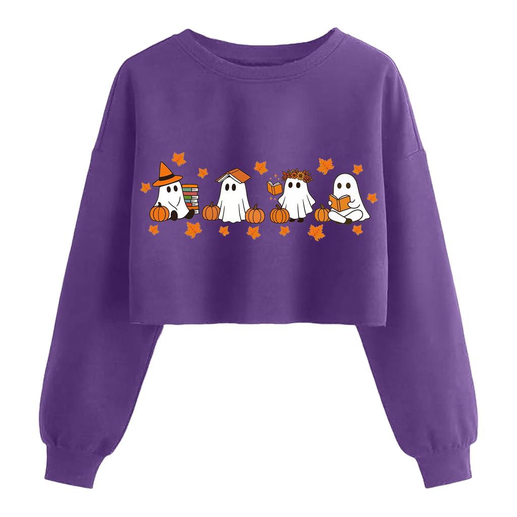 Женский модный пуловер с длинным рукавом и принтом на Хэллоуин, открывающий живот