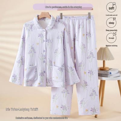 Женский пижамный комплект из чистого хлопка, четырехслойной жатой марли, с принтом «Ирисы и божьи коровки», подходит для весны, осени и зимы; Носить в помещении или на улице.