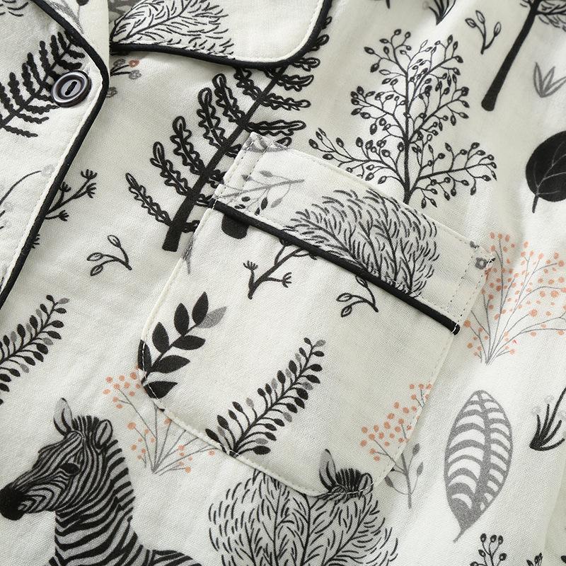 Простая двухслойная женская пижама из чистого хлопка с марлей, весна/осень, тонкая, с длинными рукавами, свободная домашняя одежда, черная пижама с принтом «зебра и лес»