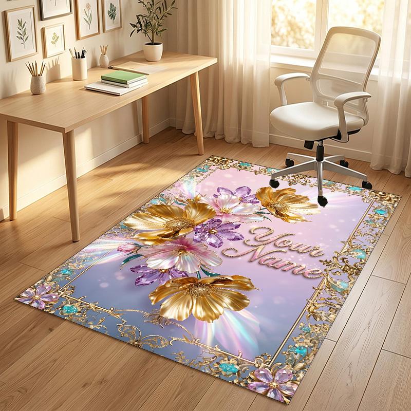Floral Garden Theme Crystal Velvet Rug Personalized Custom Name Text Soft Floor Mat Home Decor