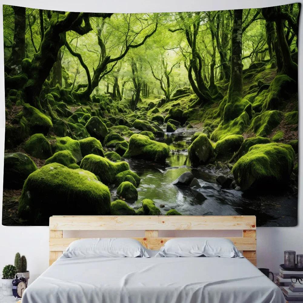 Green Jungle Tapestry Tropical Rainforest Background Wall Hanging Fabric Mural for Home Decoration Living Room Decor