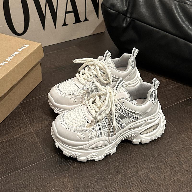 Fashion and Comfortable Versatile Muffin Shoes Women's Casual Platform Heightening Summer New Rhinestone Mesh Sneakers