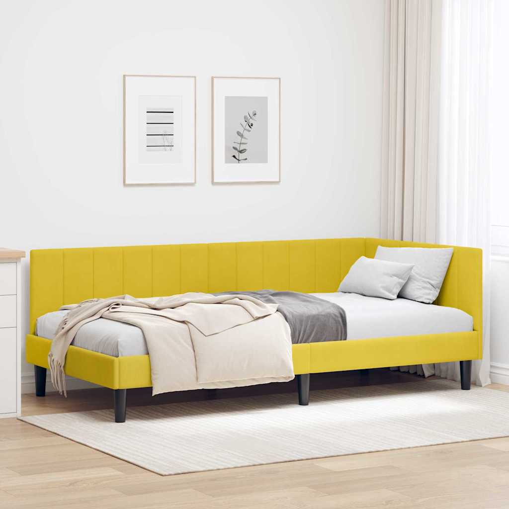 L shaped bed frame with headboard yellow 90 cm x 200 cm velvet