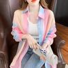 Turn-down Neck Long Sleeved Shirt And Blouses Gradient Rainbow Color See-through Thin Women Clothing Loose Top Shirt Casual