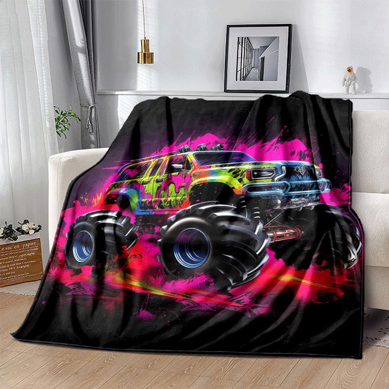 1pc Monster Truck Printing Lightweight Flannel Blanket, Comfortable and Warm Blanket, for Camping Sofa Bed and Couch Office, Suitable for Gif