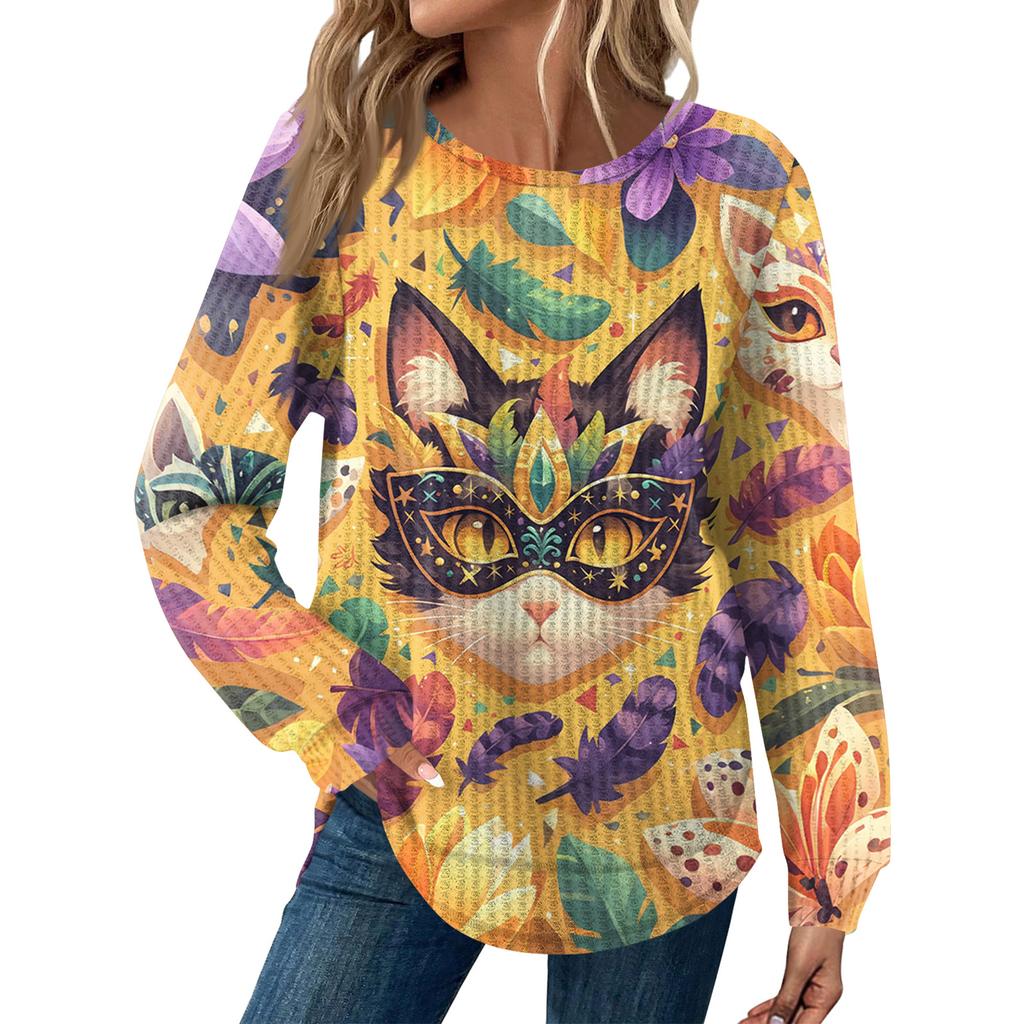 Women's Fashion  Loose Long Sleeve Carnival Print  Round Neck Casual Top