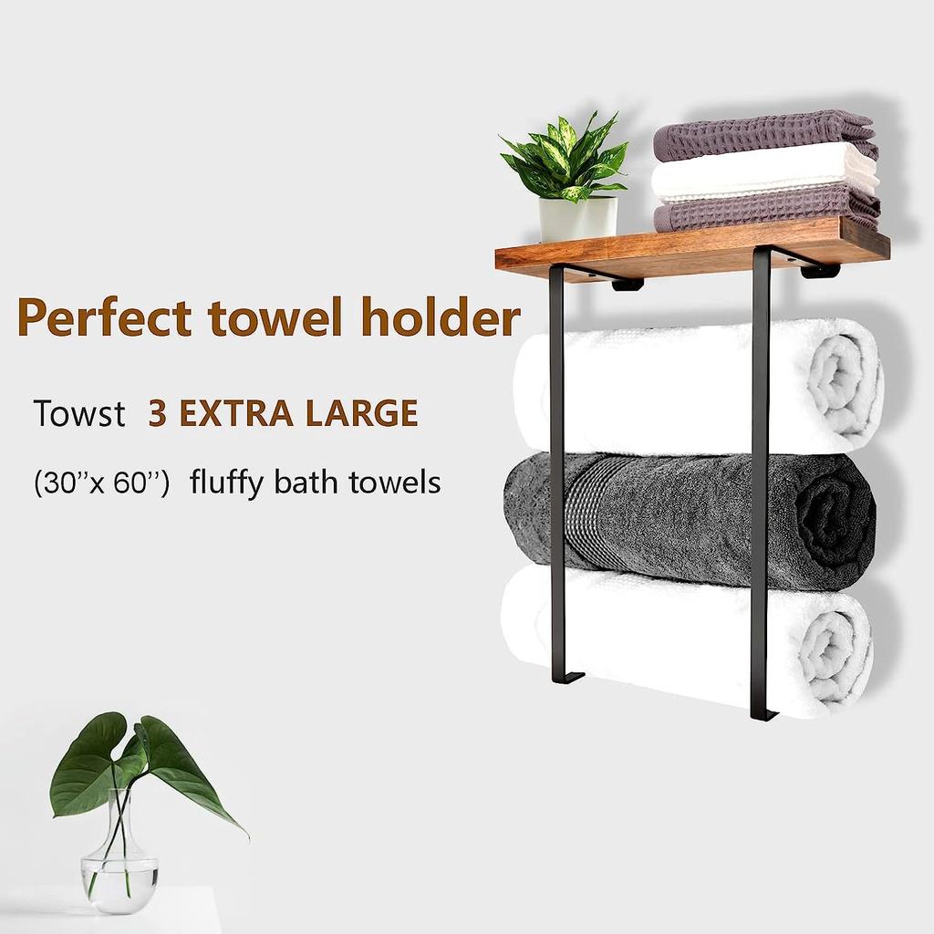 Double Pole Towel Storage Rack, Non Perforated Towel Storage Rack, Wall Mounted Black Iron Wood Bathroom Towel Rack