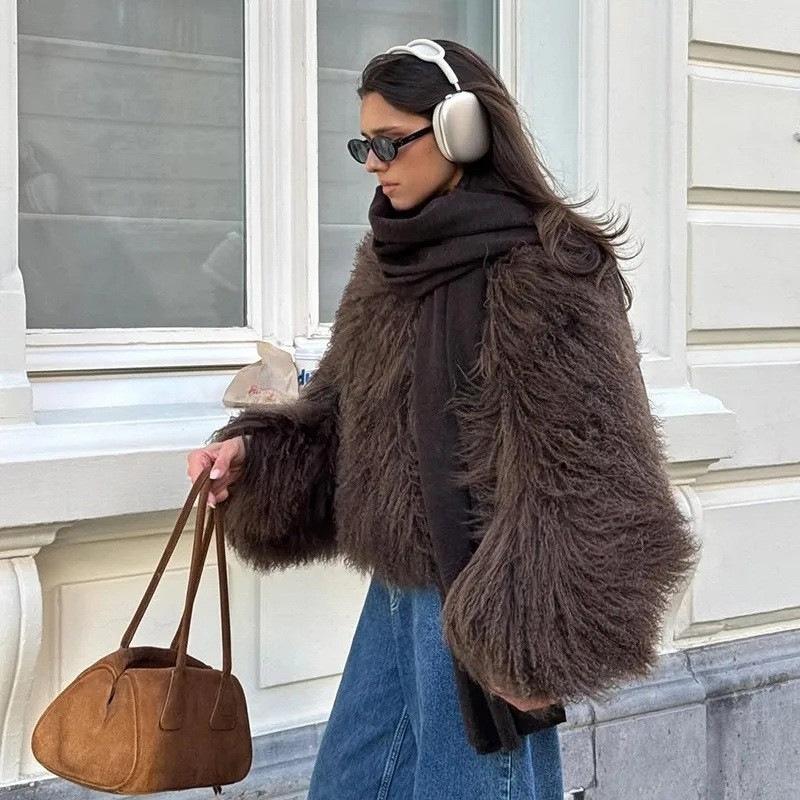 Autumn And Winter Round Neck Lazy Wind Artificial Fur Imitation Fur Jacket Short Beach Sheep Wool Jacket Women