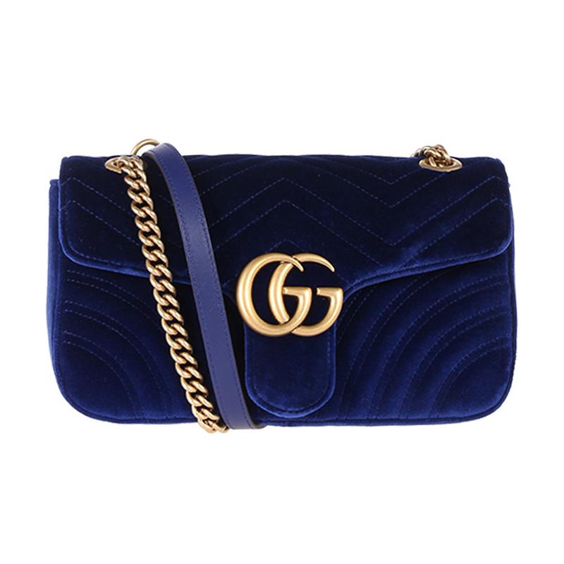 Gucci GG Marmont Marmont Золотая этикетка Логотип Стеганый Бархатный Сумка на Цепочке Через плечо Маленькая Женская Темно-синий Классический Рекомендация