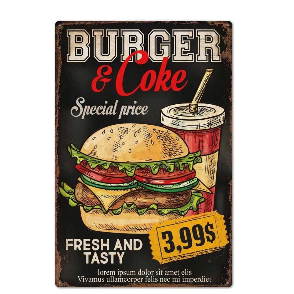 Металлическая вывеска для гамбургера, винтажная жестяная вывеска для ресторана быстрого питания, настенный декор для кухни, кафе, закусочной, бара, бургера, металлические вывески 20x30c