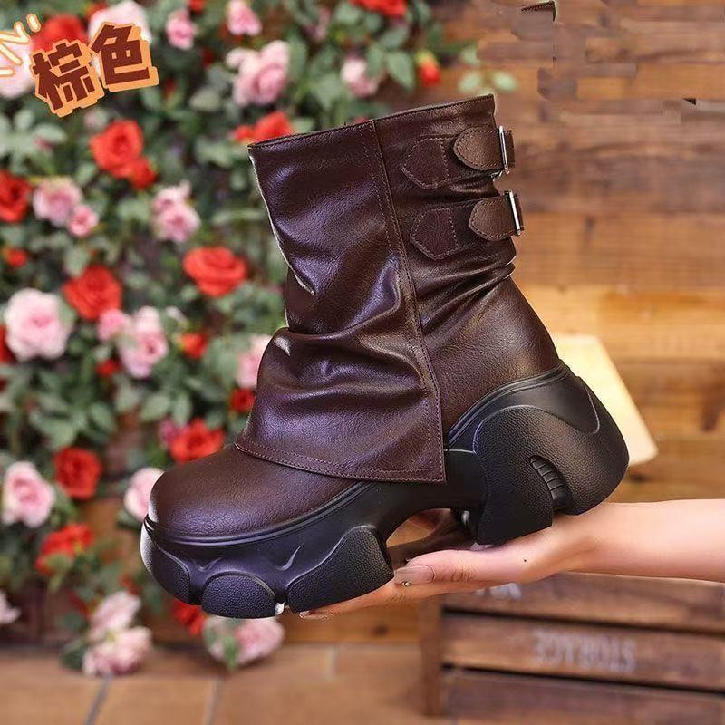 Fall/Winter High Top Booties Fashion Round Toe Metal Buckle Side Zip Platform Versatile Pant Boots