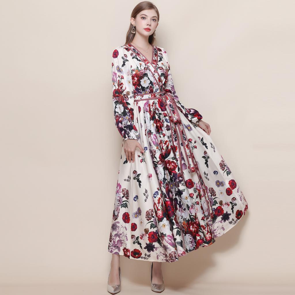 Весенние Винтажные Цветочные Макси-Платья для Женщин Подиумные Скрещенный V-образный Вырез Длинный Рукав-Фонарик Пояса Пляжное Праздничное Платье Бохо Халат