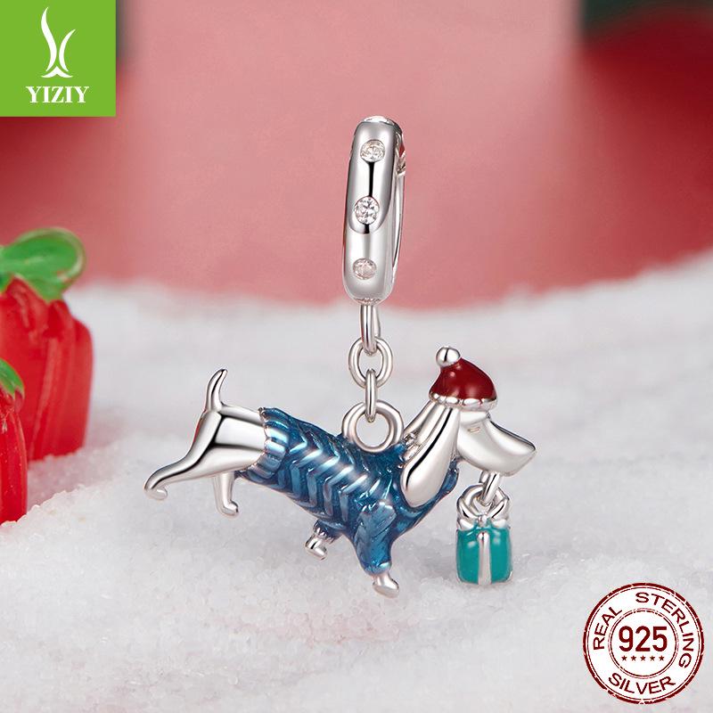 Handmade S925 Sterling Silver Dachshund Christmas Pendant with White Gold Plating - Creative DIY Jewelry Accessory