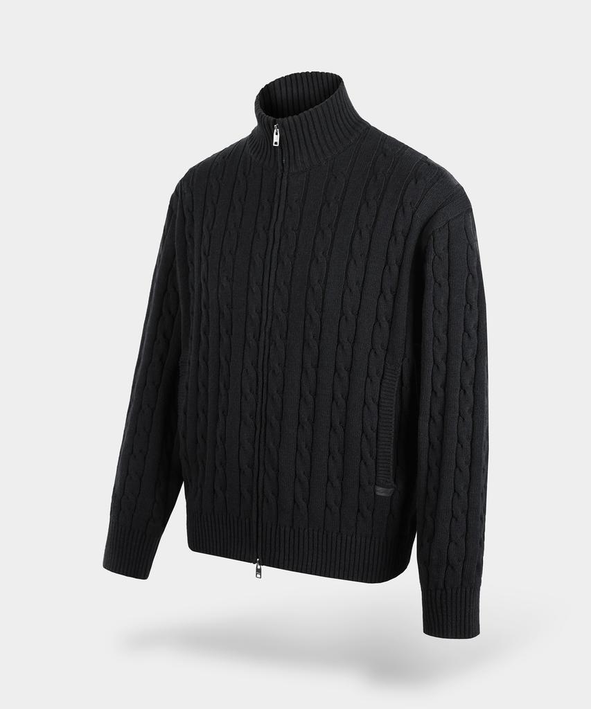BIRBANTE Washable Cotton Cable Two-Way Knit Zip-Up - Black