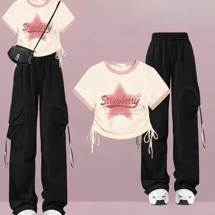 Летний розовый модный костюм-футболка комбинезон 2-х частей костюм