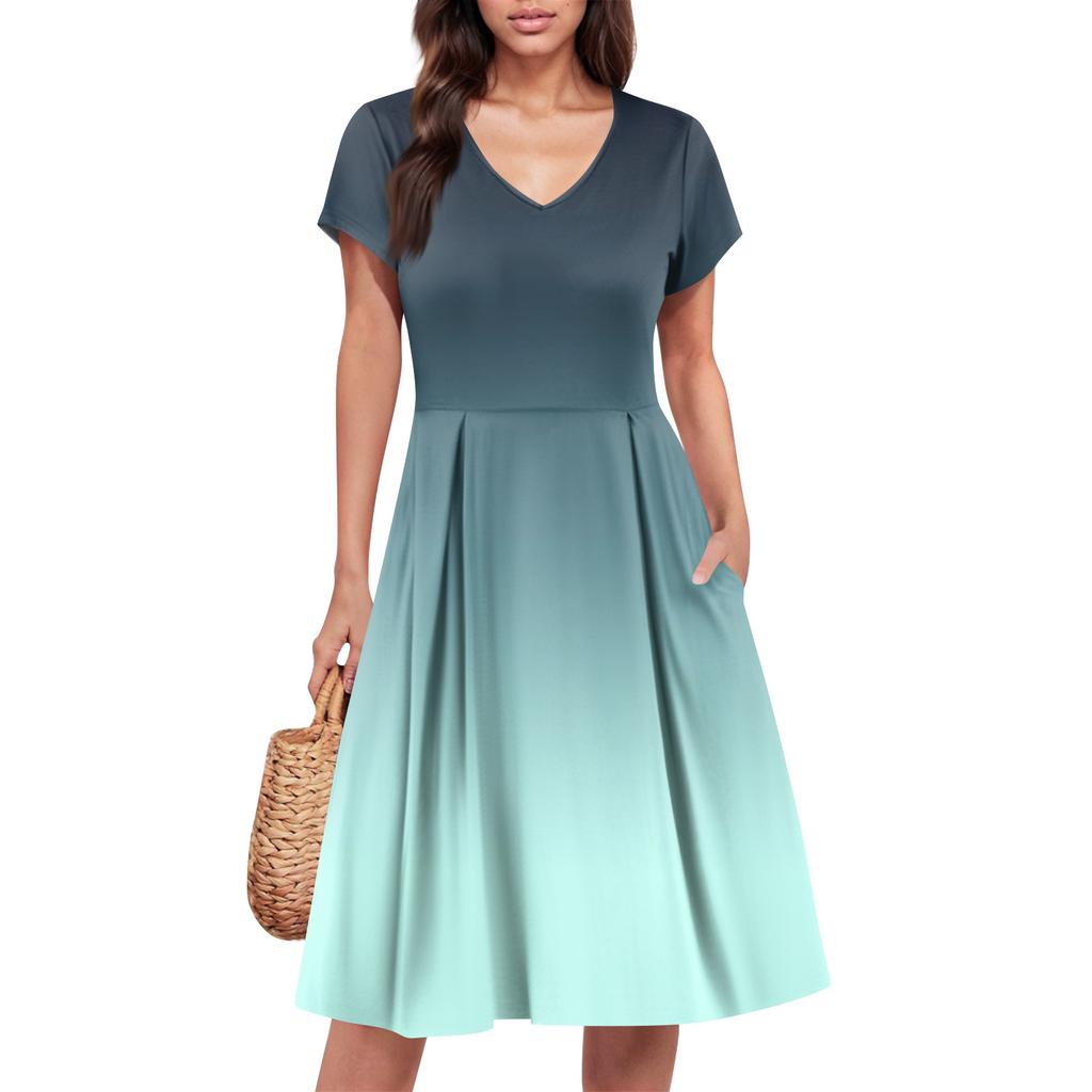 Women's Dress V Neck Sleeve Summer Dress Pleated Elastic Waist A-Line Dress