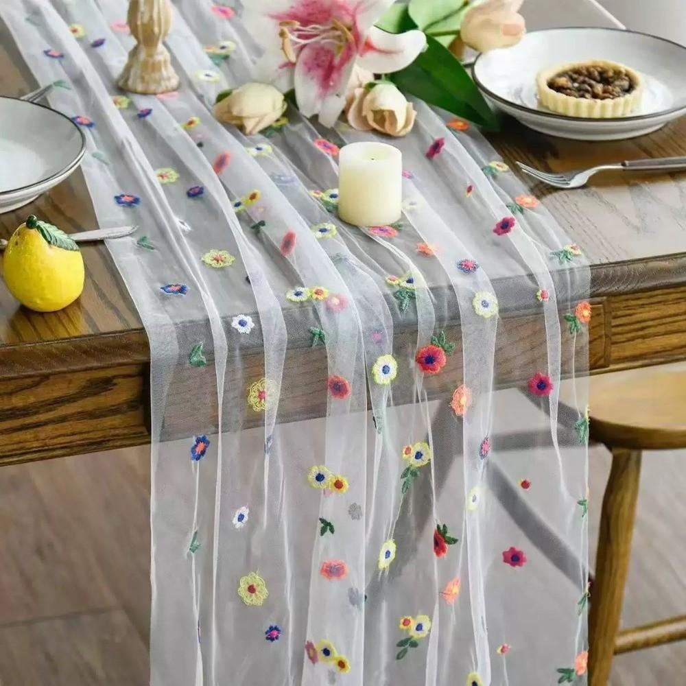 Colorful Flower Lace Tulle Runner Embroidery Daisy Floral Table Cover for Bridal Shower