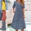 Женская мода лето весна однотонный принт с коротким рукавом и круглым вырезом с высокой талией повседневные платья