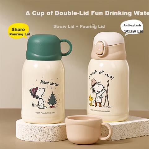 SNOOPY Insulated Cup, 316L Stainless Steel, Shockproof, Portable, with Straw And Direct Drinking, Dual Lid, Large Capacity Water Bottle