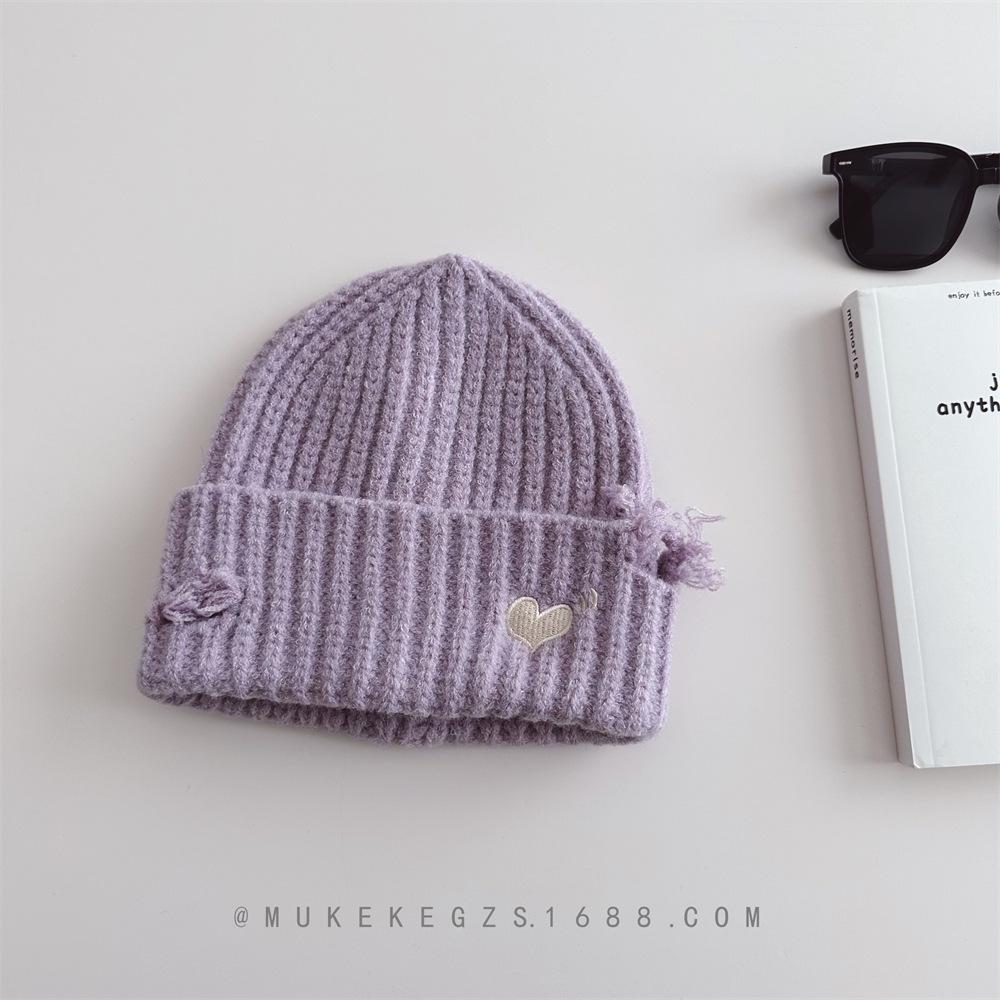 Children, Knitted Hats, Autumn and Winter, Holes, Heart-shaped Embroidery, Boys and Girls, Warm Hats, Woolen Hats