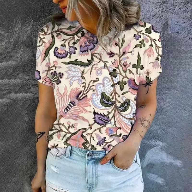 Elegant Women's T-shirt Fashion Retro Flower 3D Pattern Print T-shirt Women's Short Sleeved T-shirt Summer Leisure T-shirt