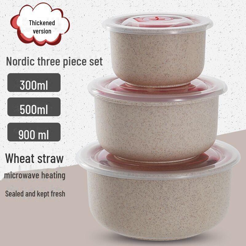 Eco-Friendly Wheat Straw Food Storage Bowl Set with Lids - 3 Pieces, Microwave Safe