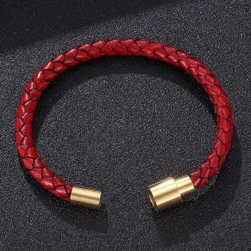 Fashion Men Women Red Leather Bracelet Charm Stainless Steel Button Neutral Accessories Female Bracelets Bangles