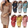 New European and American V-neck Sequins Tassel Long Sleeve Slim Sheath Dress