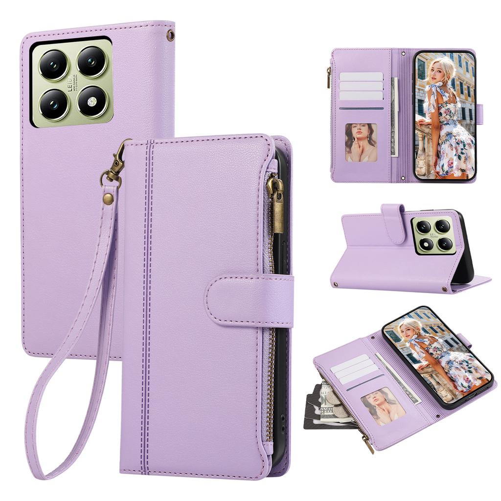 Чехол для Xiaomi 14T Pro, кожаный чехол для телефона на молнии с несколькими отделениями для карт и ремешком на запястье