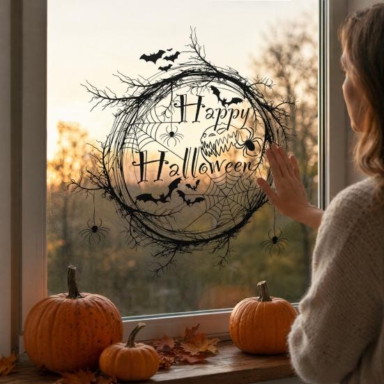 Easy Peel Halloween Clings Happy Static Window Stickers, Black Spider Web And Bat Silhouette Decals, Durable Art Self-Adhesive Glass Waterproof