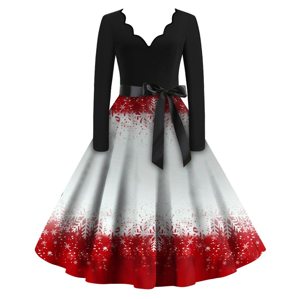 Женские модные повседневные тонкие рождественские платья с длинным рукавом с v-образным вырезом и принтом