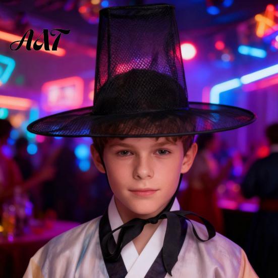 Magician Pointed Hat Vintage Korean Gat Hat, Black Mesh Wide Brim Joseon Dynasty Comfortable Halloween Scholar with Neck Strap, Cosplay