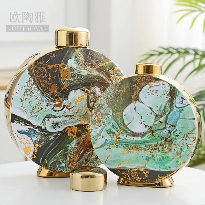 Керамическая ваза с мраморным узором, классическая банка для хранения с крышкой, цветочный горшок, цветочное украшение для стола, золотые вазы, винтажный домашний декор