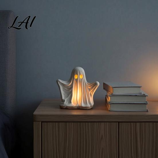 Three Dimensional Festival Crafts Ghost Ornament with Warm Light Cute Spooky Luminous Figurine Seasonal Home Supplies Resin Night Light for Tabletop