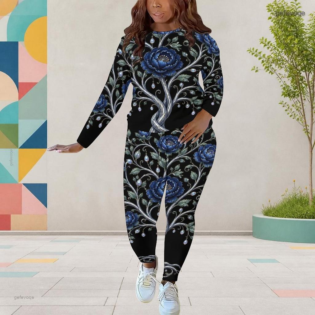 Women Plus Size Two Piece Set Round Neck Long Sleeve Black Gold Printed Top Fitted Pants