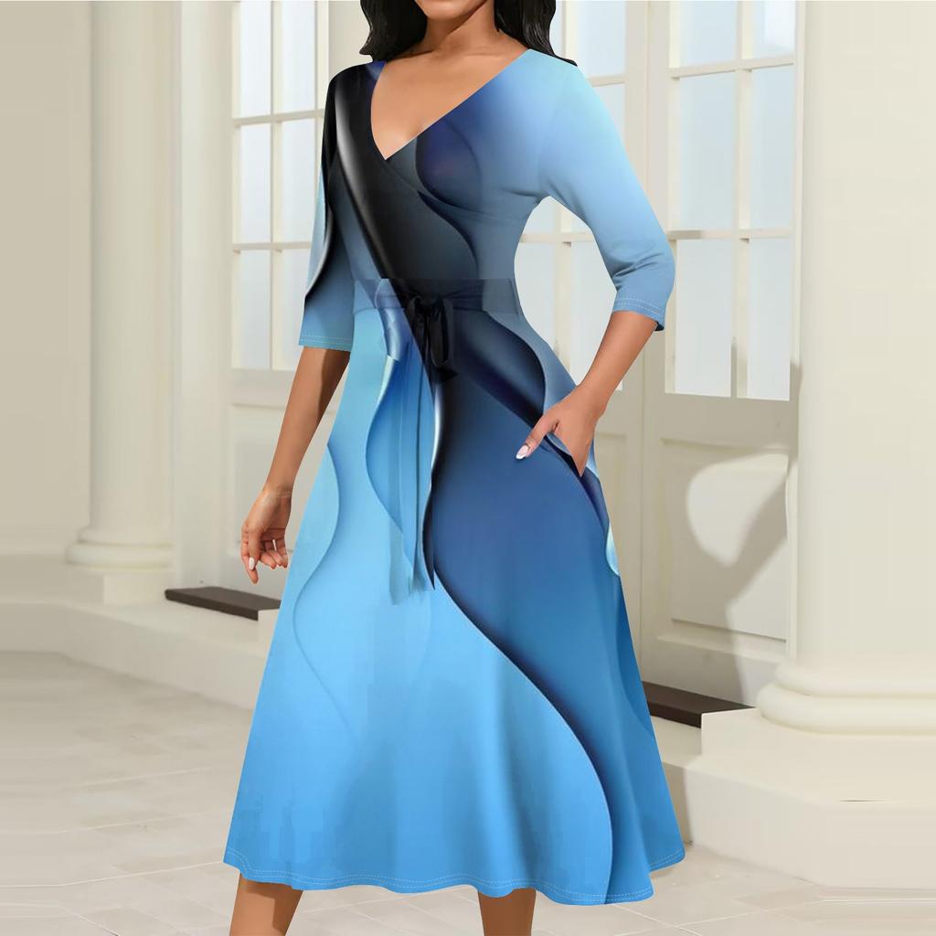 Женское повседневное модное платье миди с V-образным вырезом и рукавом три четверти