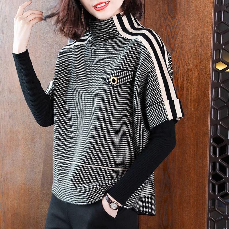 Женская повседневная вязаная короткая куртка Осень Клетчатый Универсальный многослойный топ Верхняя одежда из двух частей